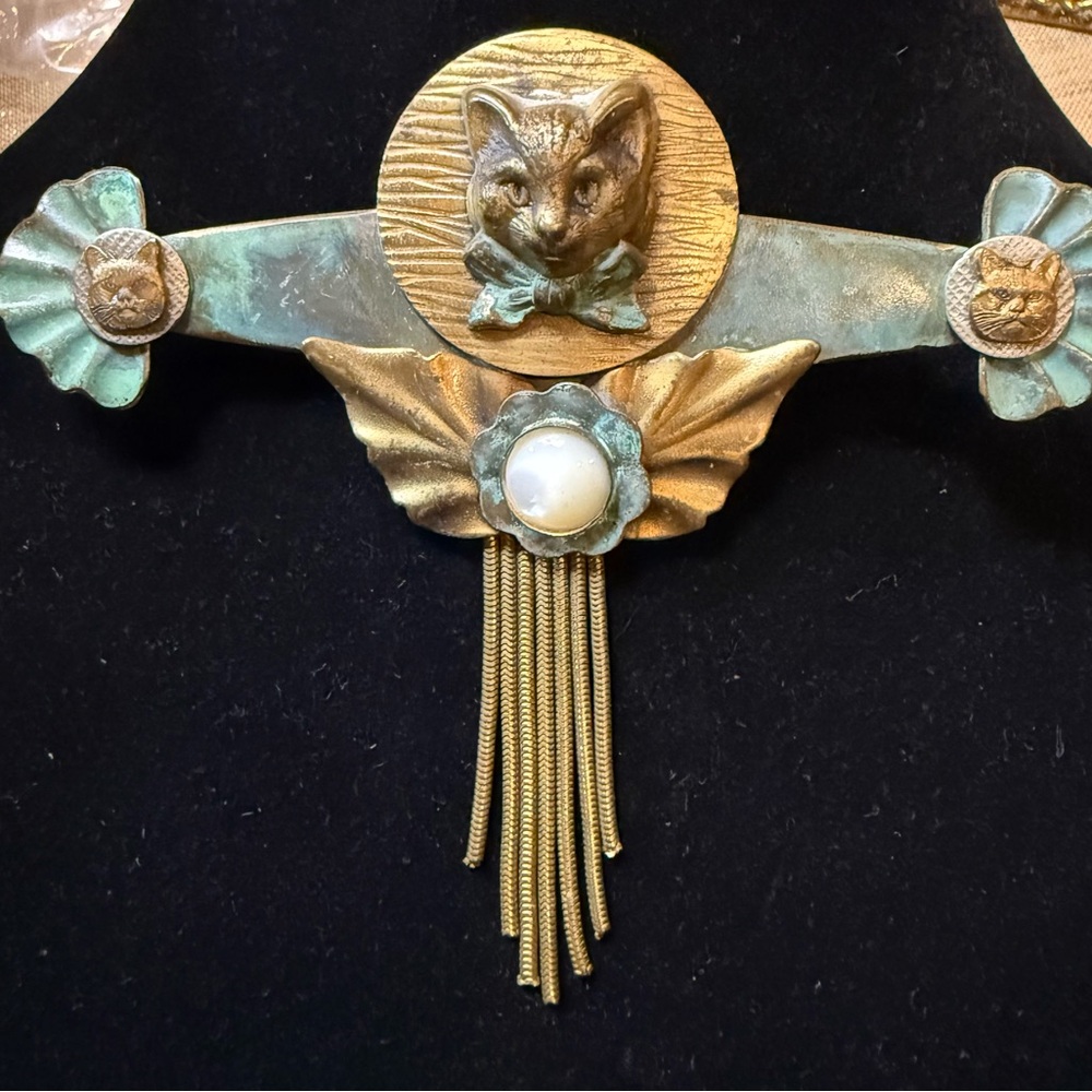 Vintage Cat Brooch with Gold and Green Accents